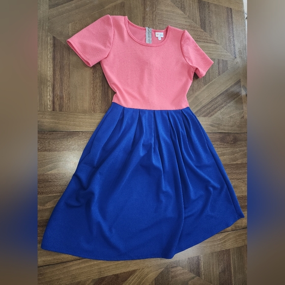 Lularoe Amelia Style Pocket Dress Sz Med Colorblock Stretch Fit Flare Pink Blue - Picture 3 of 12